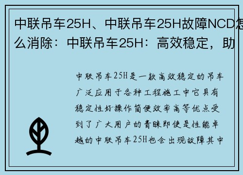中联吊车25H、中联吊车25H故障NCD怎么消除：中联吊车25H：高效稳定，助力工程施工