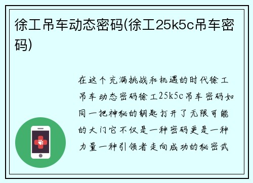 徐工吊车动态密码(徐工25k5c吊车密码)