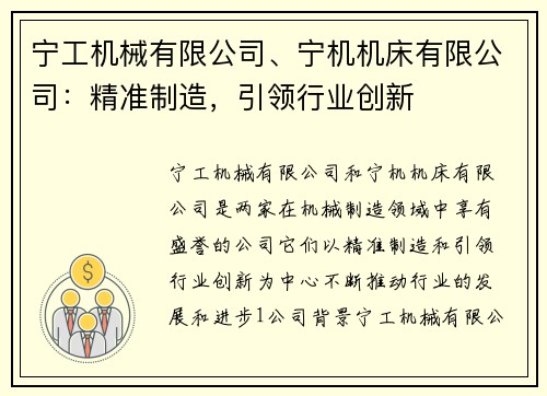 宁工机械有限公司、宁机机床有限公司：精准制造，引领行业创新