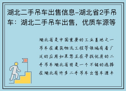 湖北二手吊车出售信息-湖北省2手吊车：湖北二手吊车出售，优质车源等你来挑选